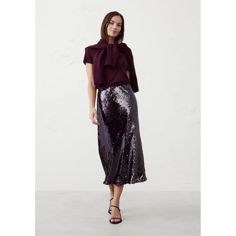 Banana Republic Sequin Midi Skirt Burgundy Purple A-Line Size 6 Holiday Evening